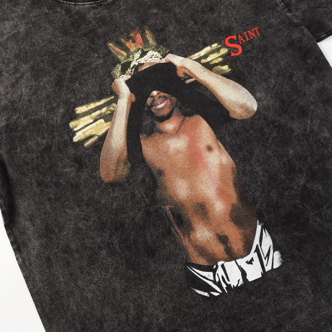 Saint Michael Series Round Neck Distressed Short Sleeves Style No.: 3112P116 Color: Washed Black Size: S M L XL